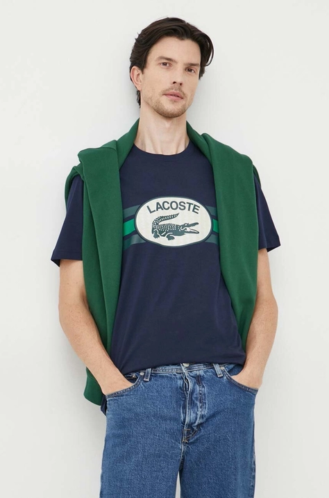 Хлопковая футболка Lacoste цвет синий с принтом