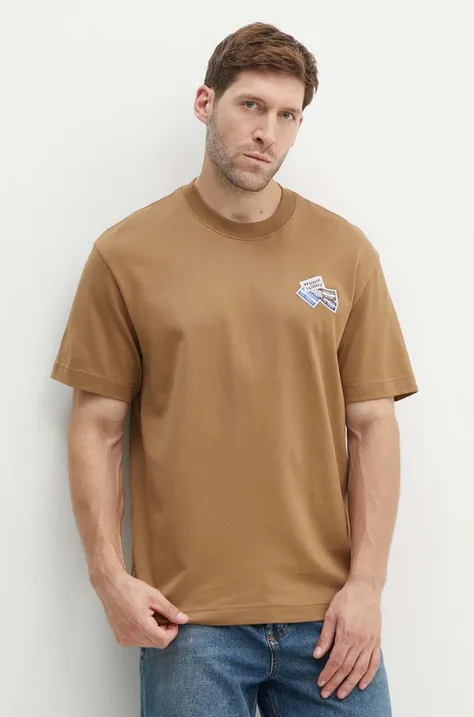 Хлопковая футболка Lacoste мужской цвет коричневый с аппликацией