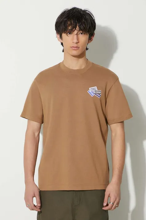 Bavlnené tričko Lacoste pánsky, hnedá farba, s nášivkou