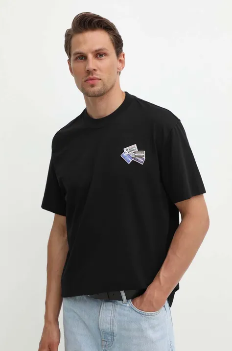 Памучна тениска Lacoste в черно с апликация