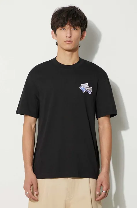 Bavlnené tričko Lacoste pánsky, čierna farba, s nášivkou