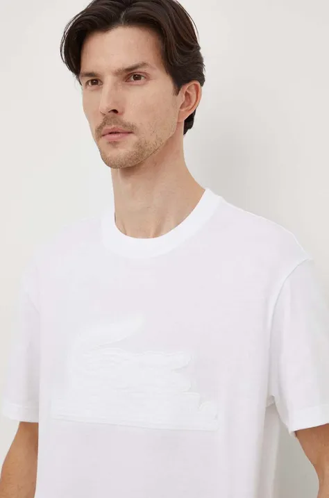 Bavlnené tričko Lacoste pánsky, biela farba, s nášivkou