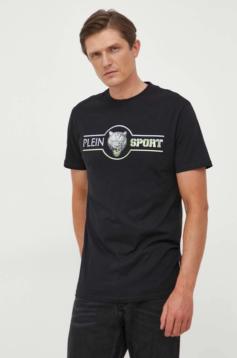 PLEIN SPORT t-shirt bawełniany kolor czarny z nadrukiem