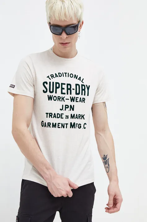 Тениска Superdry в бежово с принт