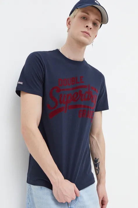 Bombažna kratka majica Superdry moški, mornarsko modra barva