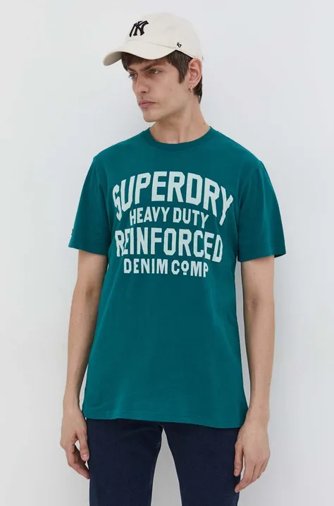 Pamučna majica Superdry za muškarce, boja: zelena, s tiskom
