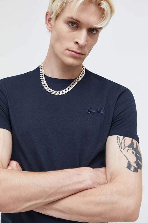 Superdry tricou din bumbac barbati, culoarea albastru marin, neted