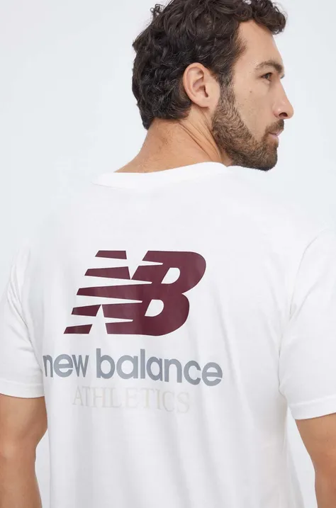 New Balance t-shirt bawełniany męski kolor beżowy z nadrukiem