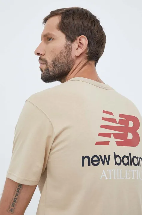 Βαμβακερό μπλουζάκι New Balance χρώμα: μπεζ