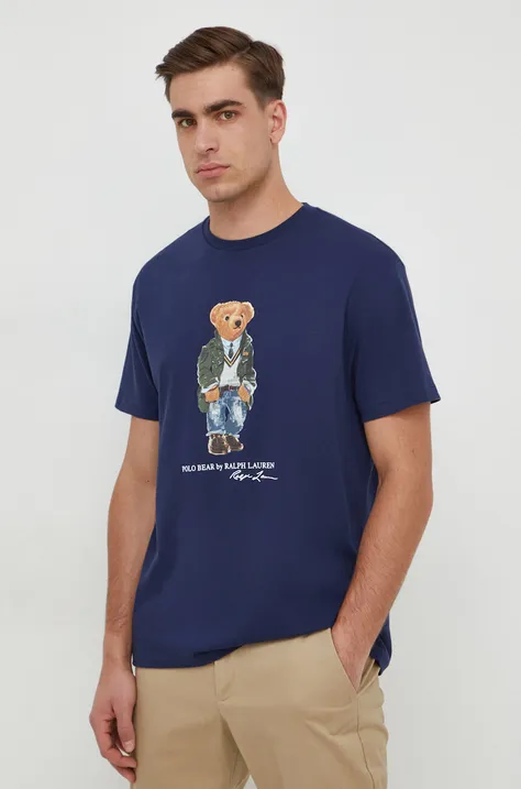 Pamučna majica Polo Ralph Lauren za muškarce, boja: tamno plava, s tiskom