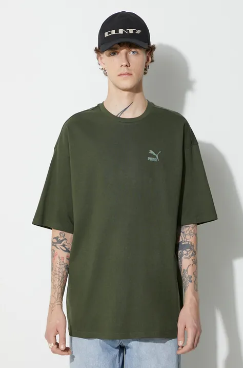Puma t-shirt bawełniany BETTER CLASSICS Oversized Tee kolor zielony gładki