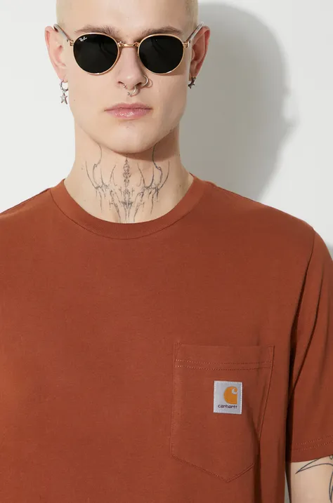 Carhartt WIP t-shirt bawełniany S/S Pocket męski kolor brązowy z aplikacją I030434.1NMXX