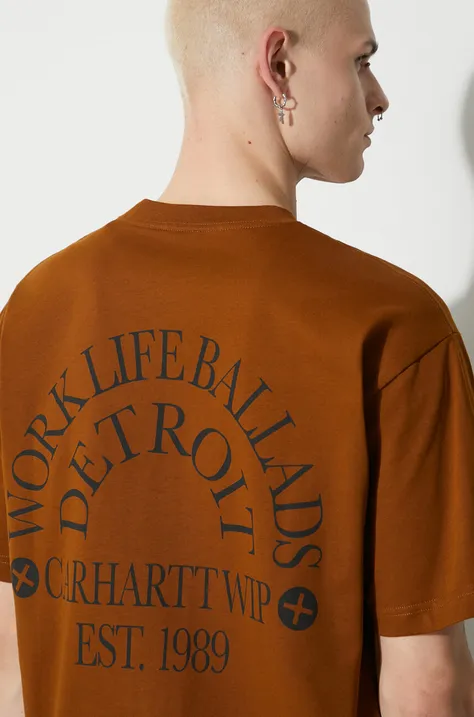 Pamučna majica Carhartt WIP za muškarce, boja: smeđa, s tiskom