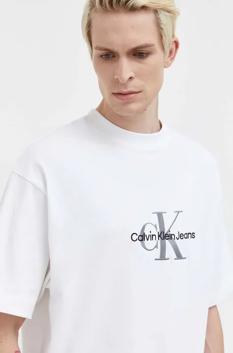 Calvin Klein Jeans tricou din bumbac culoarea alb, cu imprimeu