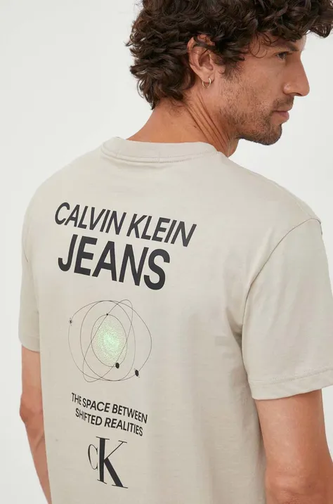 Bavlnené tričko Calvin Klein Jeans béžová farba, s potlačou