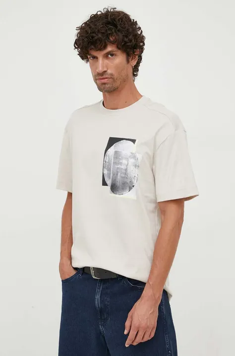 Bavlnené tričko Calvin Klein béžová farba, s potlačou