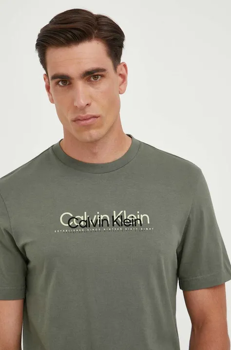 Bavlnené tričko Calvin Klein zelená farba, s potlačou