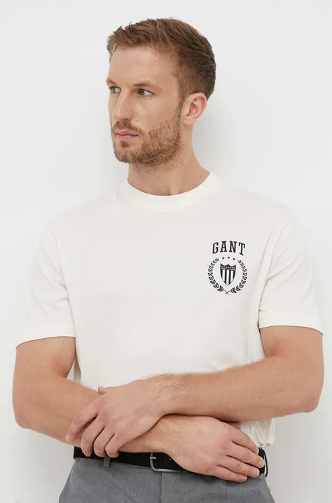 Хлопковая футболка Gant цвет бежевый с принтом