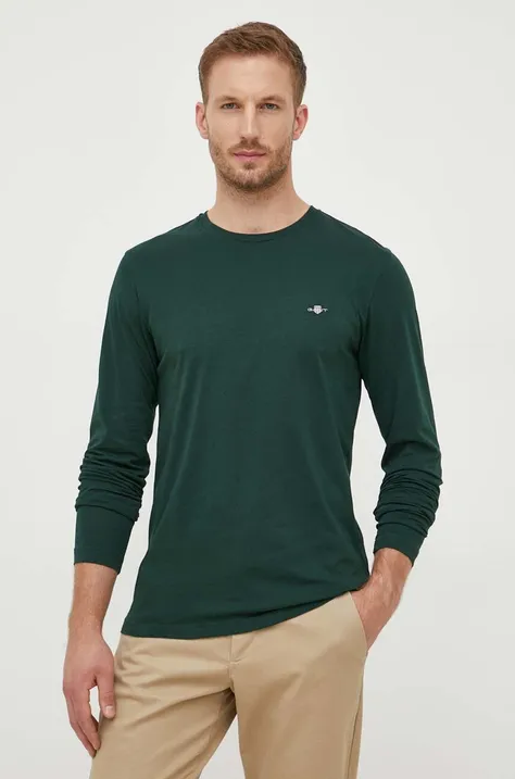 Bavlnené tričko s dlhým rukávom Gant zelená farba, jednofarebný