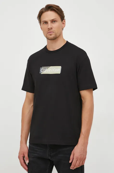 Calvin Klein pamut póló fekete, nyomott mintás