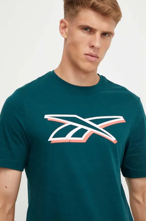 Reebok t-shirt bawełniany kolor zielony z nadrukiem
