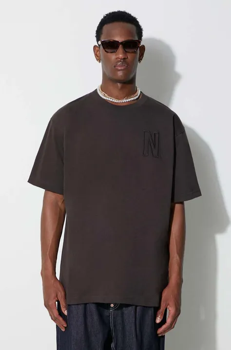 Norse Projects tricou din bumbac Simon Loose Organic Heavy Jersey N Logo T-Shirt culoarea maro, cu imprimeu N01.0645.2022