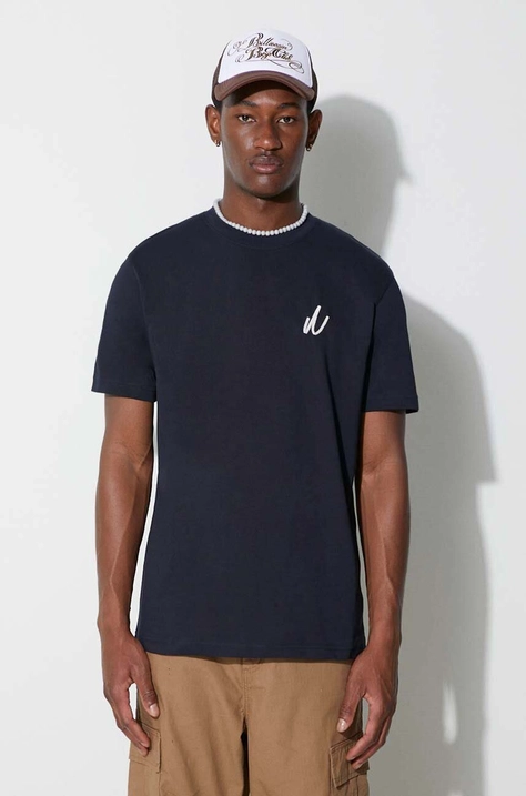 Bavlněné tričko Norse Projects Johannes Organic Chain Stitch Logo T-shirt tmavomodrá barva, s aplikací, N01.0648.7004