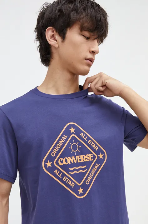 Bavlnené tričko Converse pánsky, tmavomodrá farba, s potlačou