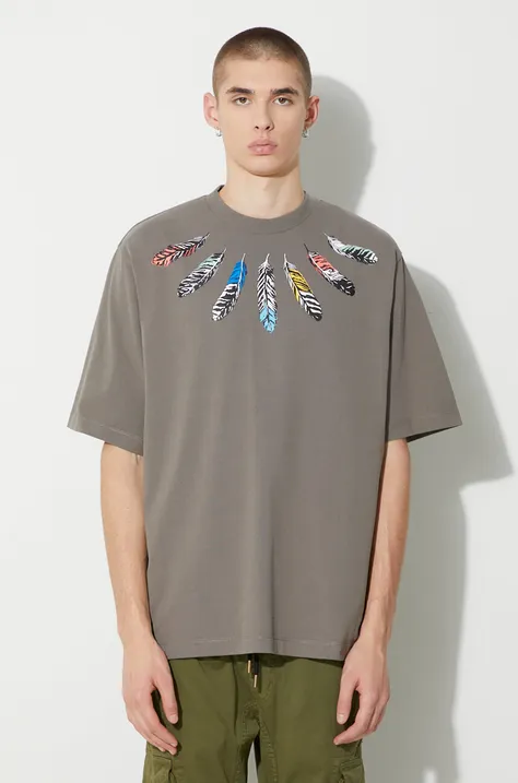 Bavlnené tričko Marcelo Burlon Collar Feathers pánske, šedá farba, s potlačou