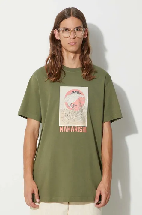 Хлопковая футболка Maharishi Peace Crane T-Shirt цвет зелёный с принтом 1072