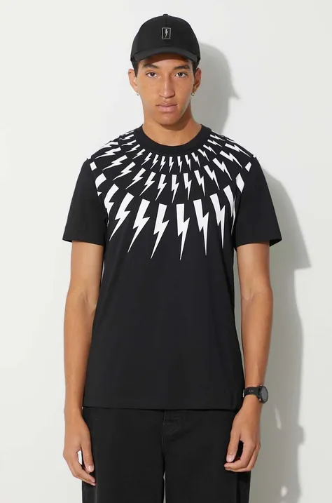 Bavlněné tričko Neil Barett FAIRISLE THUNDERBOLT černá barva, s potiskem, PBJT007S.V501S.524