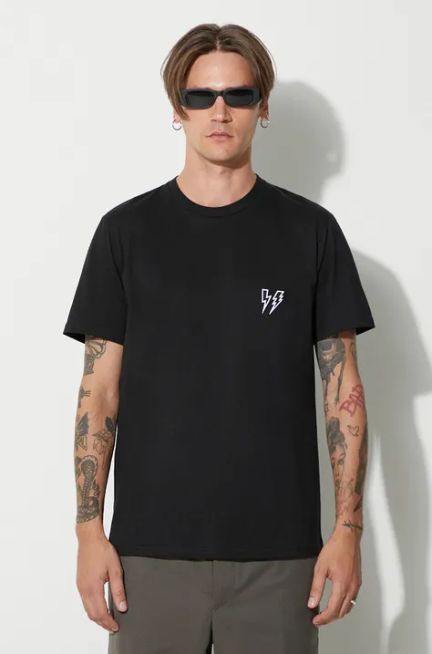 Памучна тениска Neil Barett SLIM DOUBLE BOLT в черно с апликация PBJT218.V500C.1118