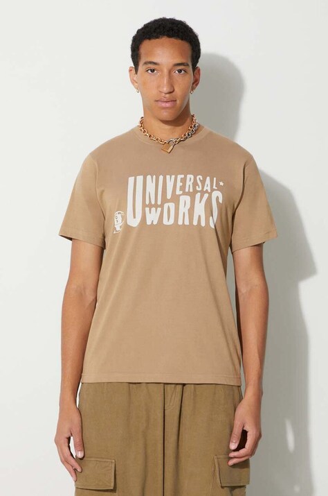 Universal Works tricou din bumbac MYSTERY TRAIN PRINT TEE bărbați, culoarea bej, cu imprimeu, 29182