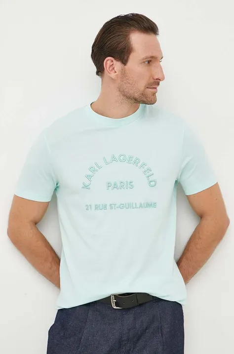 Хлопковая футболка Karl Lagerfeld мужская цвет бирюзовый с аппликацией