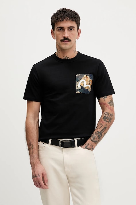 Evisu tricou din bumbac Brocade Patch Pocket bărbați, culoarea negru, cu model, 2EAHTM3TS7085XXCT