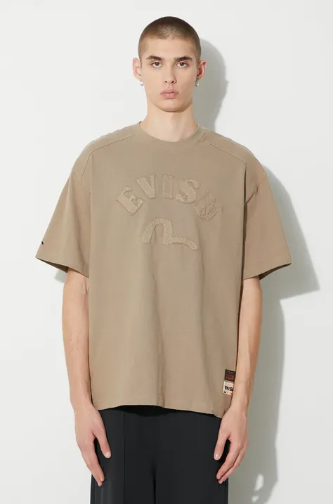 Evisu cotton t-shirt Logo and Seagull Applique men’s beige color 2EAHTM3TS8055LFCT