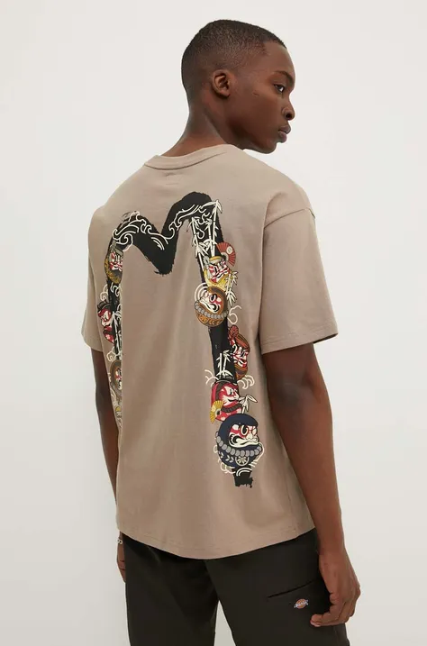 Evisu t-shirt bawełniany Kumadori Daruma Double Daicock Printed męski kolor beżowy z nadrukiem 2EAHTM3TS1099RXCT
