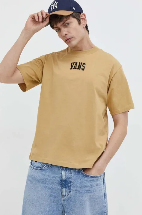 Памучна тениска Vans в жълто с апликация