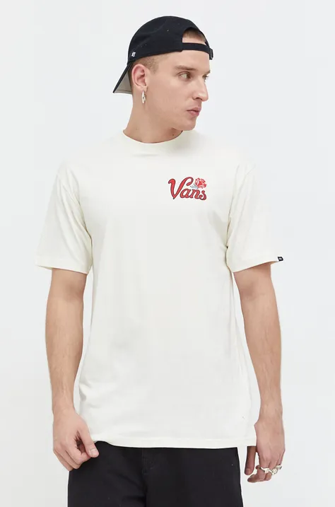 Bavlnené tričko Vans pánsky, béžová farba, s potlačou