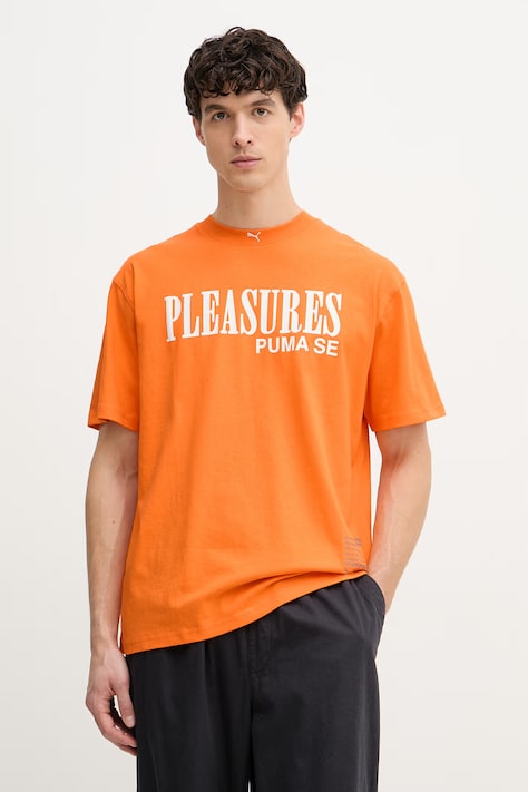 Puma pamut póló PUMA x PLEASURES Typo Tee narancssárga, férfi, nyomott mintás, 620878