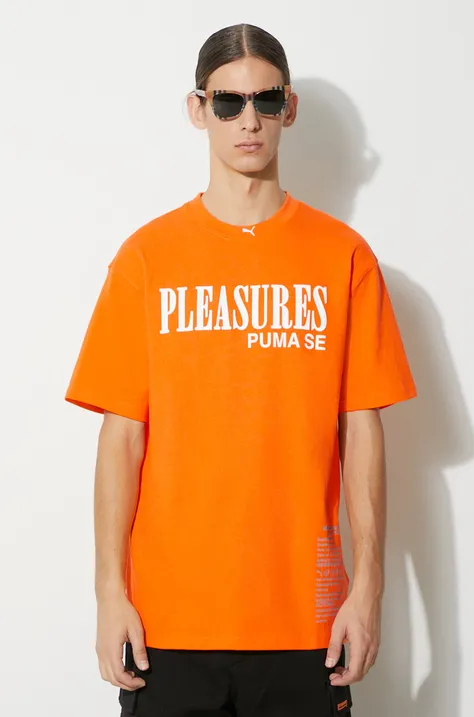 Puma tricou din bumbac PUMA x PLEASURES Typo Tee bărbați, culoarea portocaliu, cu imprimeu, 620878