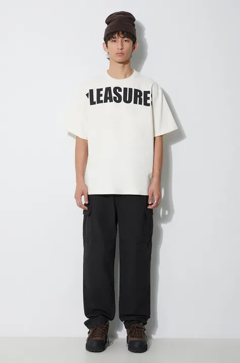 Bavlnené tričko PLEASURES Expand Heavyweight Shirt pánske, béžová farba, s potlačou, P23F032 WHITE