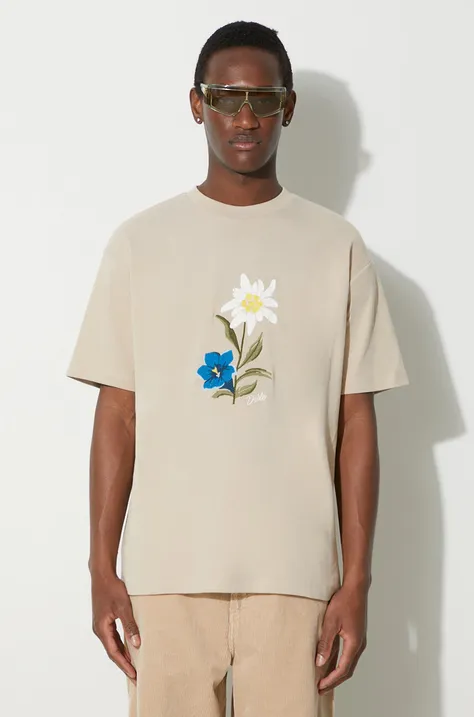 Drôle de Monsieur tricou din bumbac Le T-Shirt Fleurs Brodées bărbați, culoarea bej, cu imprimeu, C-TS174-CO002-NBG