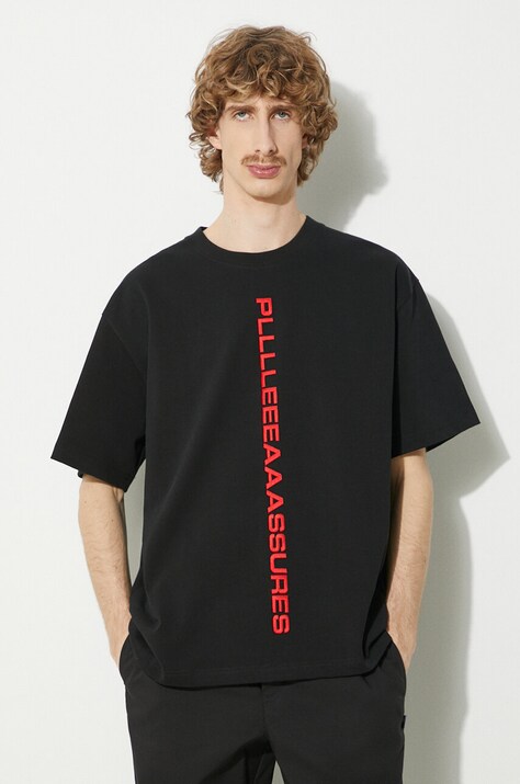 PLEASURES cotton t-shirt Drag Heavyweight Shirt men’s black color P23W034.BLACK