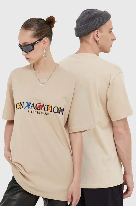 Bavlnené tričko On Vacation béžová farba, s nášivkou