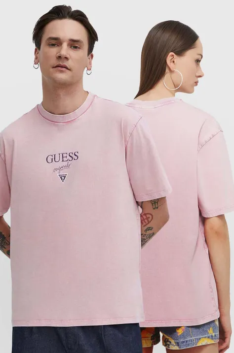 Памучна тениска Guess Originals в розово с принт