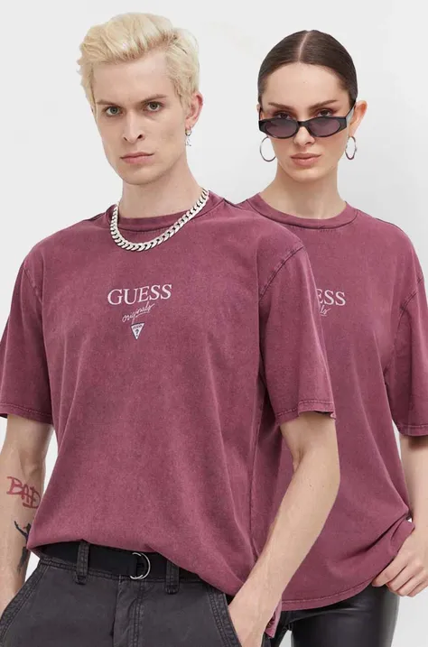 Хлопковая футболка Guess Originals цвет фиолетовый с принтом