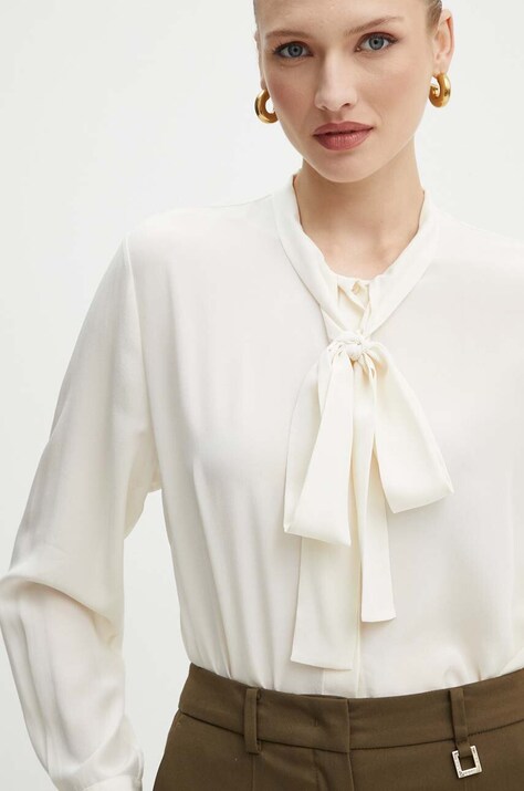 Шелковая рубашка BOSS цвет бежевый regular шнурованное декольте 50521537