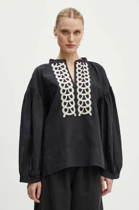 Льняна блузка By Malene Birger CADMUS колір чорний з аплікацією Q70967009