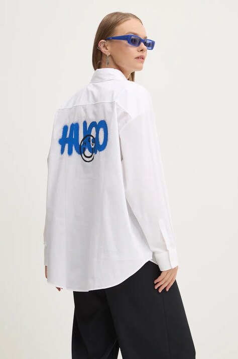 Hugo Blue camasa din bumbac femei, culoarea alb, cu guler clasic, regular, 50525193